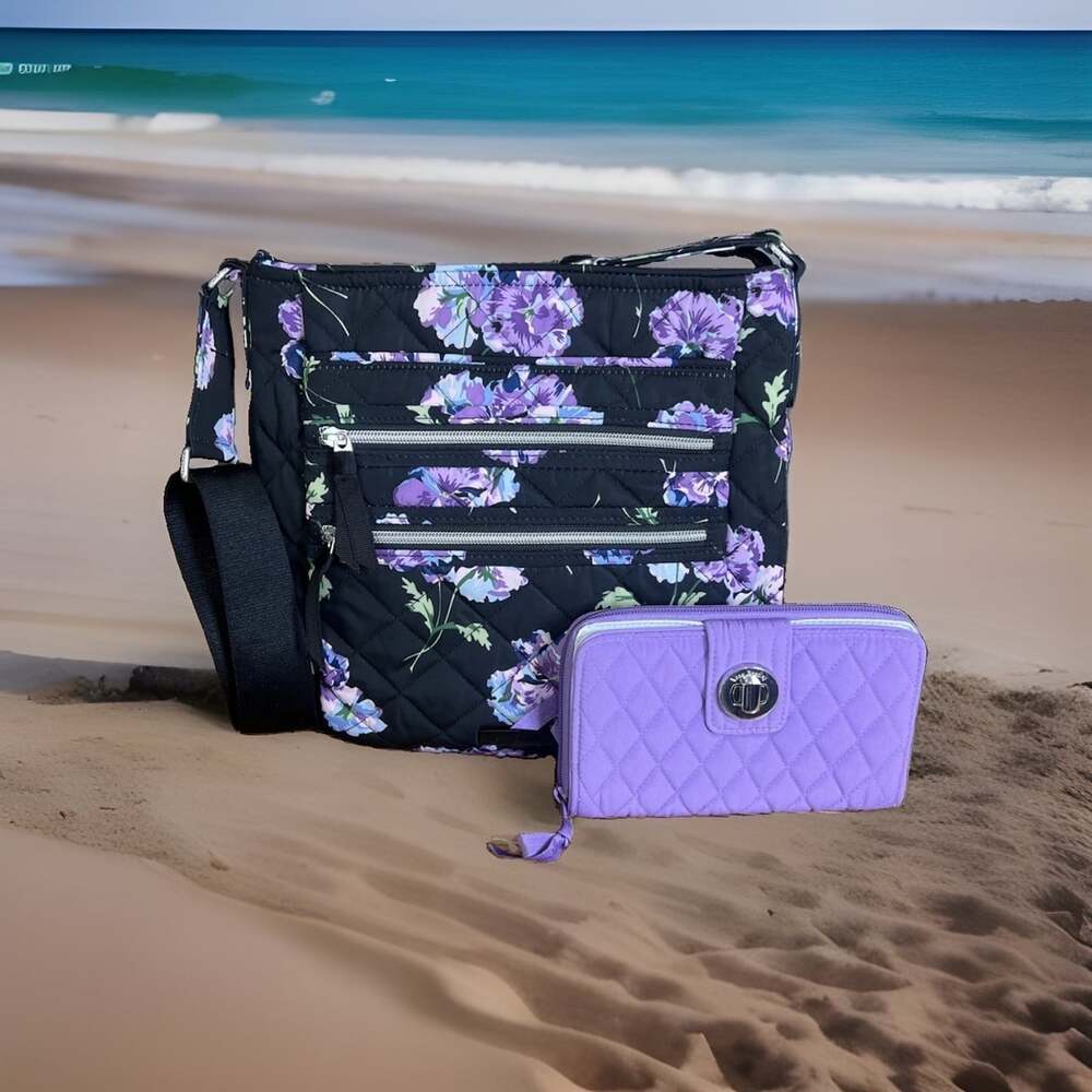 Set-Vera Bradley Performance Twill Triple Zip Hipster  "Floating Plum Pansies"